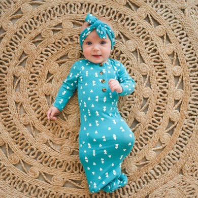Knotted Baby Gown - Cyan Blue w/ Triangles