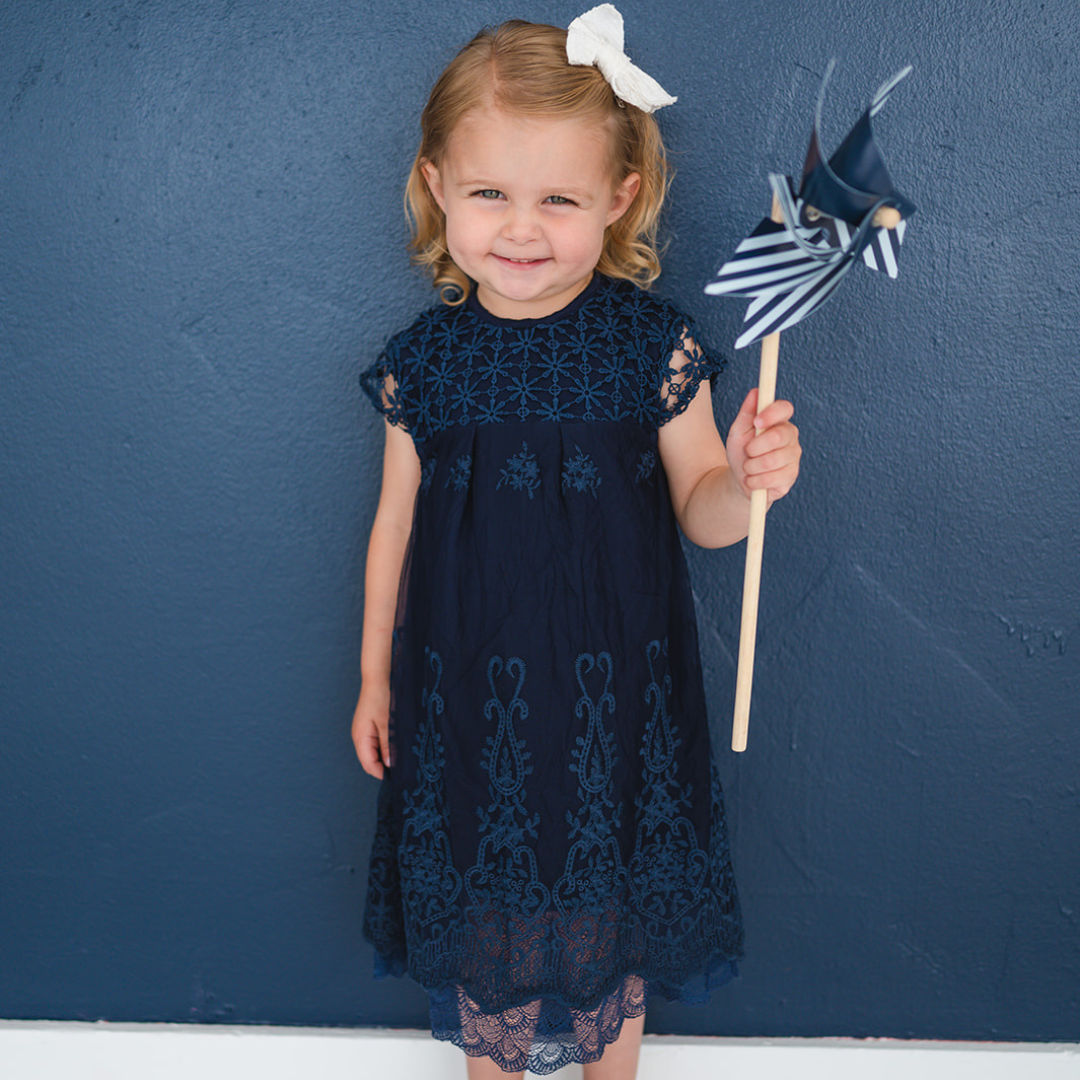 Girls' Navy Blue Lace Eyelet Dress | Presley Couture 9/10 Girls' Navy Blue Lace Eyelet Dress | Presley Couture 9/10