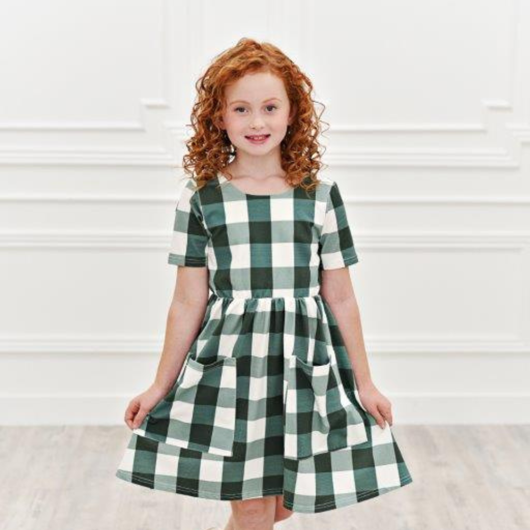 green checkered dress Girls' Gingham Twirl dyed double cloth that HC90236 Color:Suede/Gold These Coco Chanel Designs
