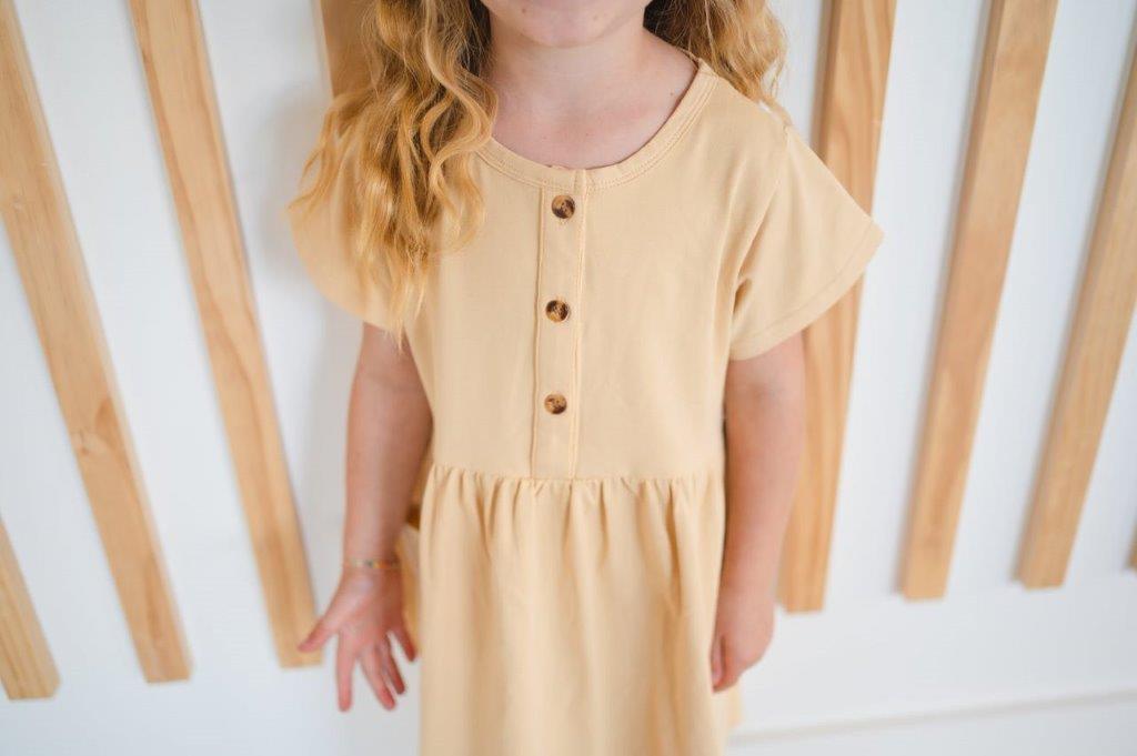 Girls' Linen Beige Button Twirl Dress