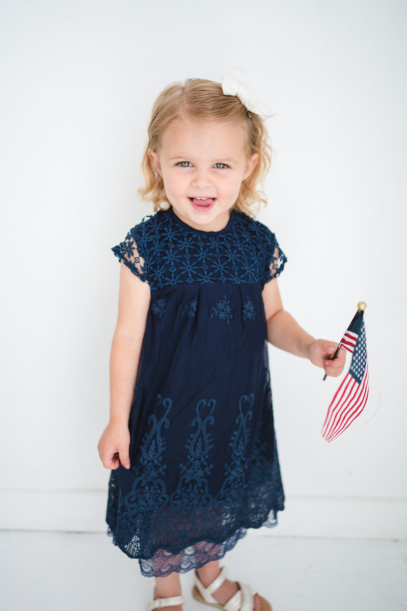 Girls' Navy Blue Lace Eyelet Dress | Presley Couture 9/10 Girls' Navy Blue Lace Eyelet Dress | Presley Couture 9/10