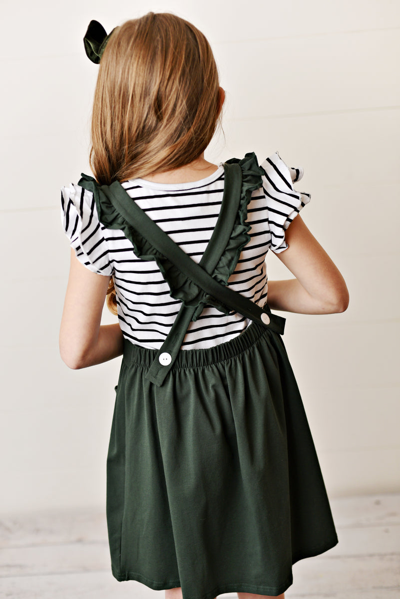 Girls' Army Green Ruffle Pinafore Dress | Presley Couture 12/18m Girls' Army Green Ruffle Pinafore Dress | Presley Couture 12/18m