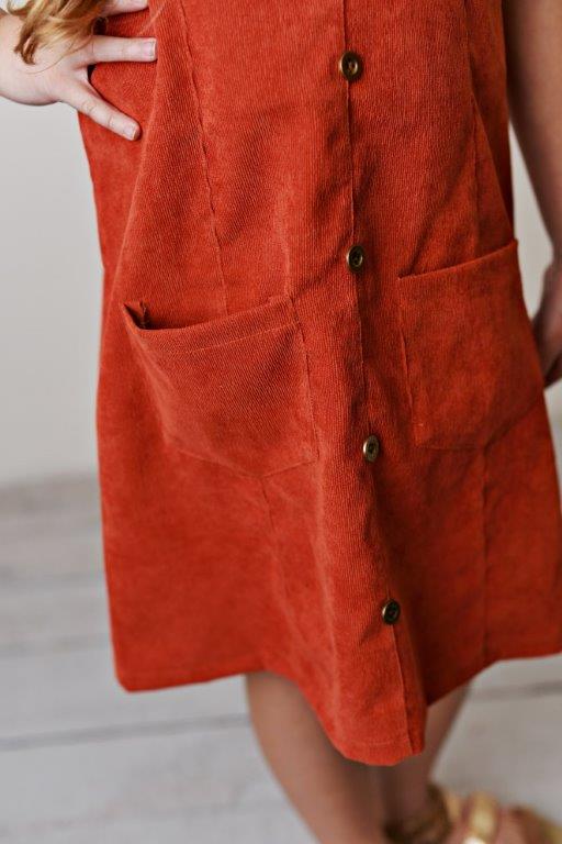 orange corduroy dress Overall Hickory Ridge Boutique WOMEN'S SHORT SLEEVE FRONT POCKETS