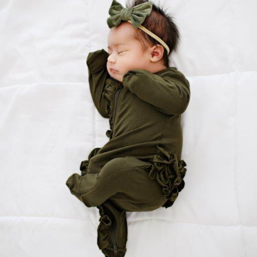 Ruffle 2 Way Zip Romper Olive Green Presley Couture