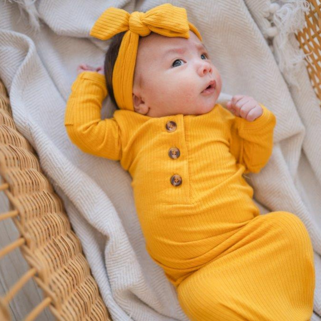 Knotted Baby Gown - Ribbed Mustard