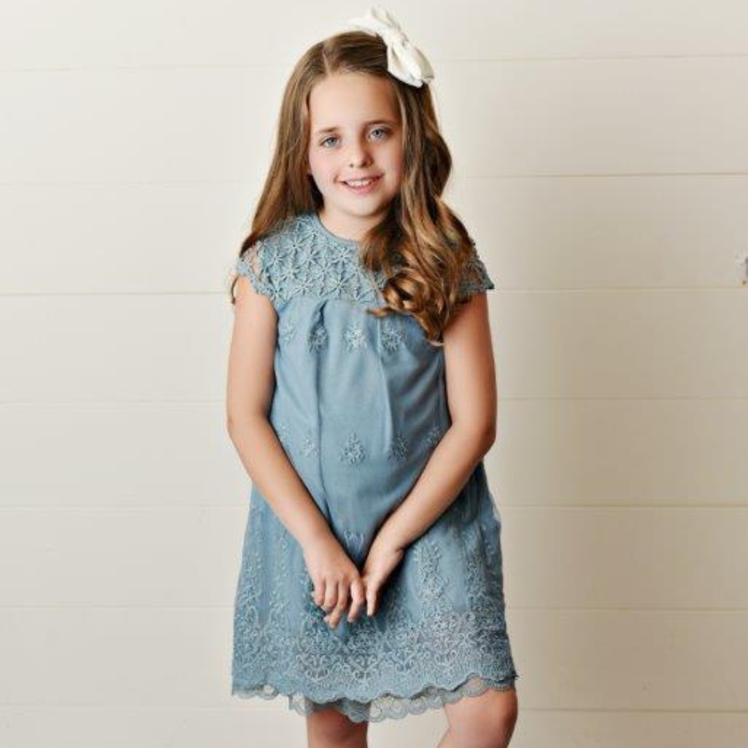 Girls' Ash Blue Lace Eyelet Dress | Presley Couture 4T/5 Girls' Ash Blue Lace Eyelet Dress | Presley Couture 4T/5