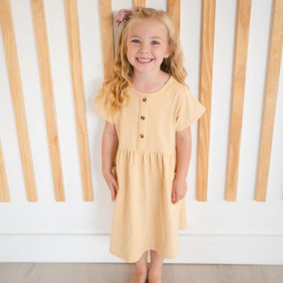 knee length dresses for ladies Girls' Linen Beige Button Twirl Dress