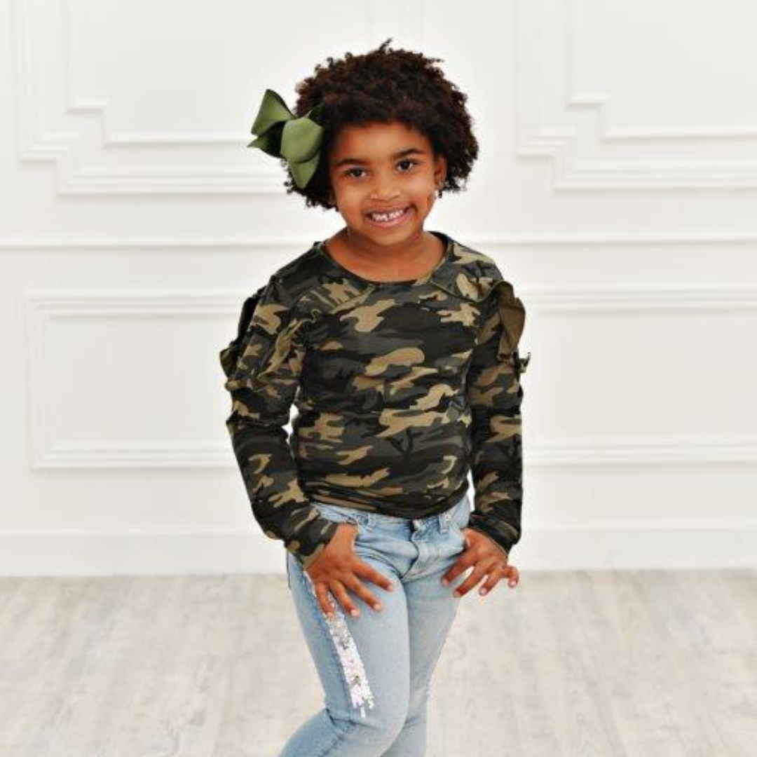 Camo ruffle top sleeve top