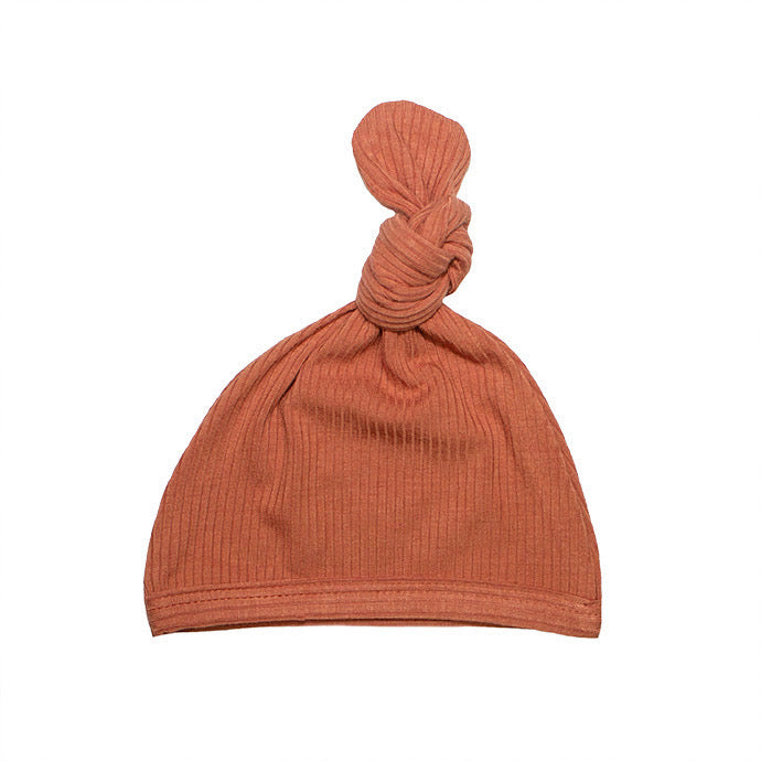 Top Knot Hat - Ribbed Rust