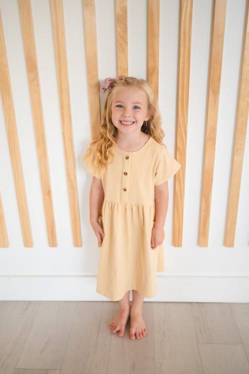 Girls' Linen Beige Button Twirl Dress | Presley Couture 7/8 Girls' Linen Beige Button Twirl Dress | Presley Couture 7/8