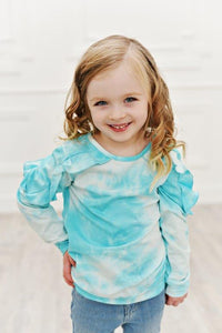 Long Sleeve Double Ruffle - Blue Tie Dye