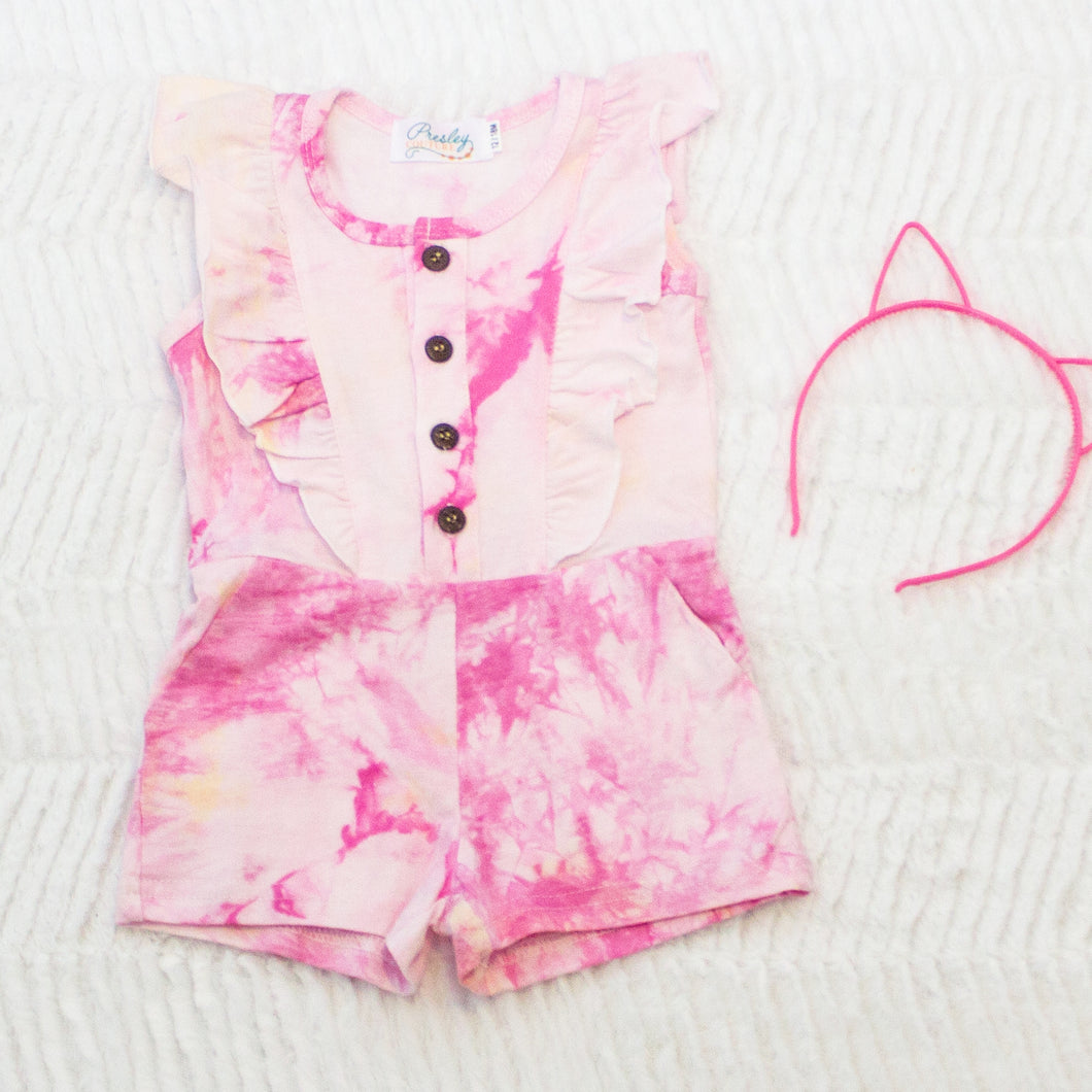 Shorts Romper - Pink/Yellow Tie Dye