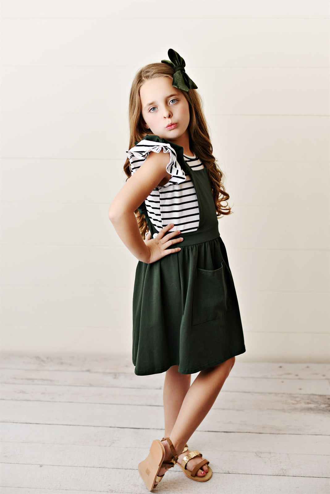 Girls' Army Green Ruffle Pinafore Dress | Presley Couture 12/18m Girls' Army Green Ruffle Pinafore Dress | Presley Couture 12/18m